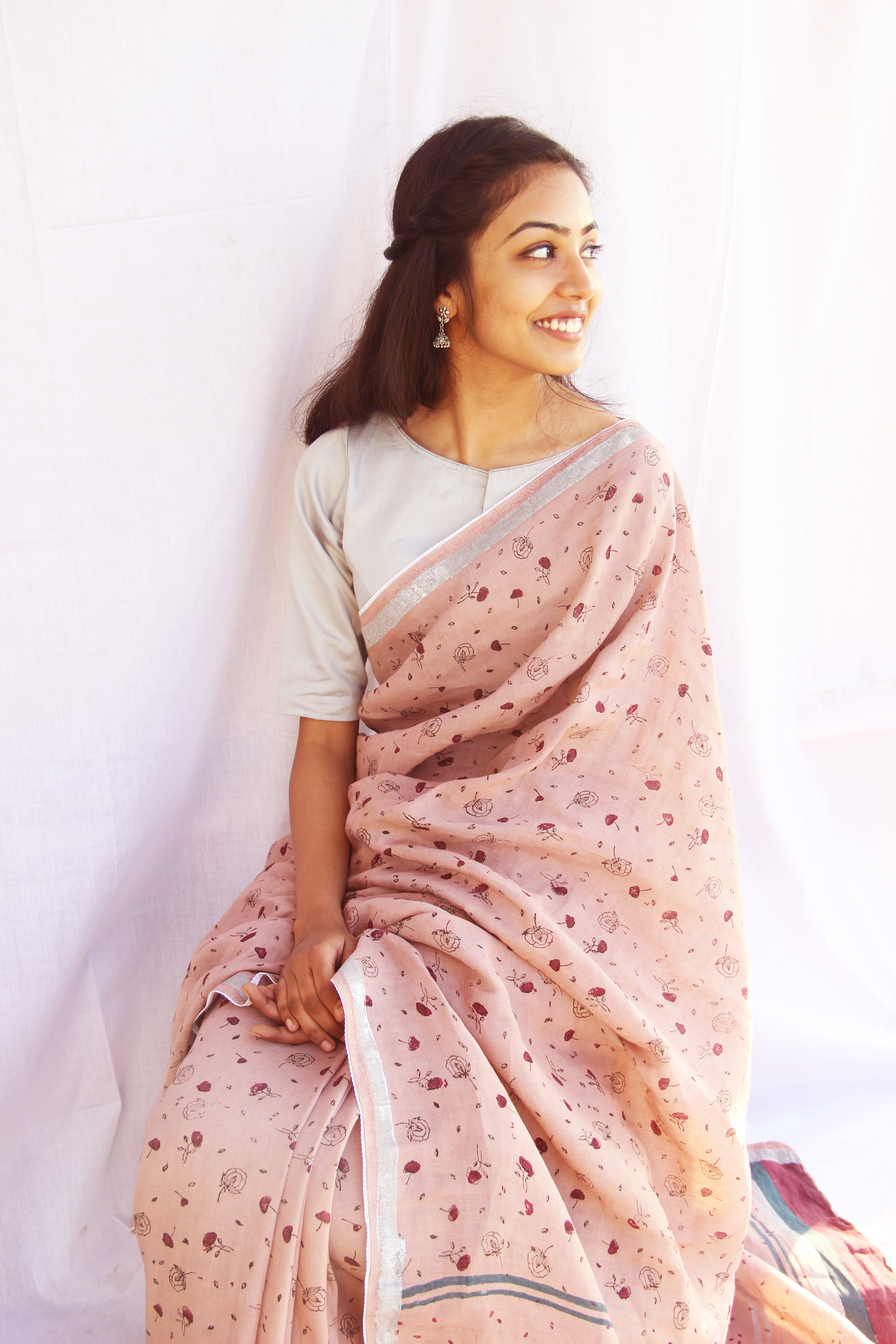 Coral Blush Sari (Linen Silk)