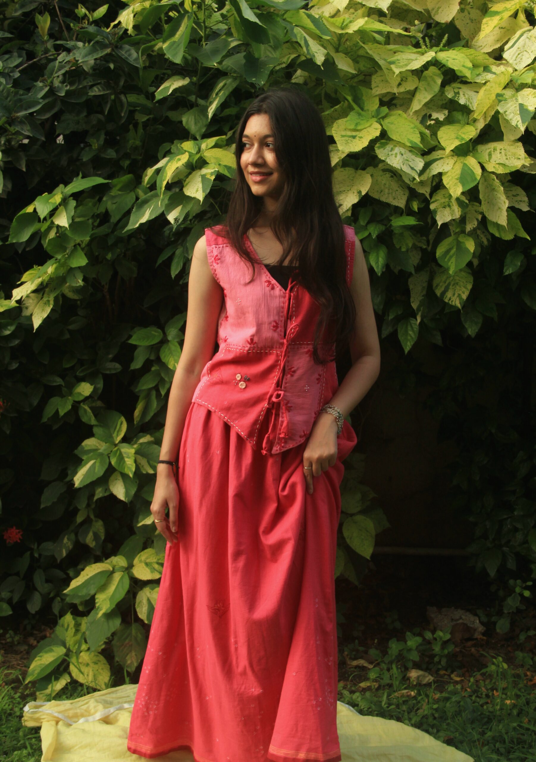 french rose vest and maxi skirt set