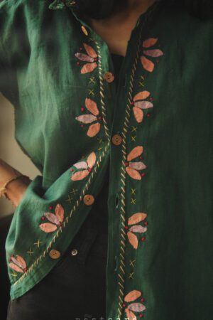 Green linen cotton applique shirt
