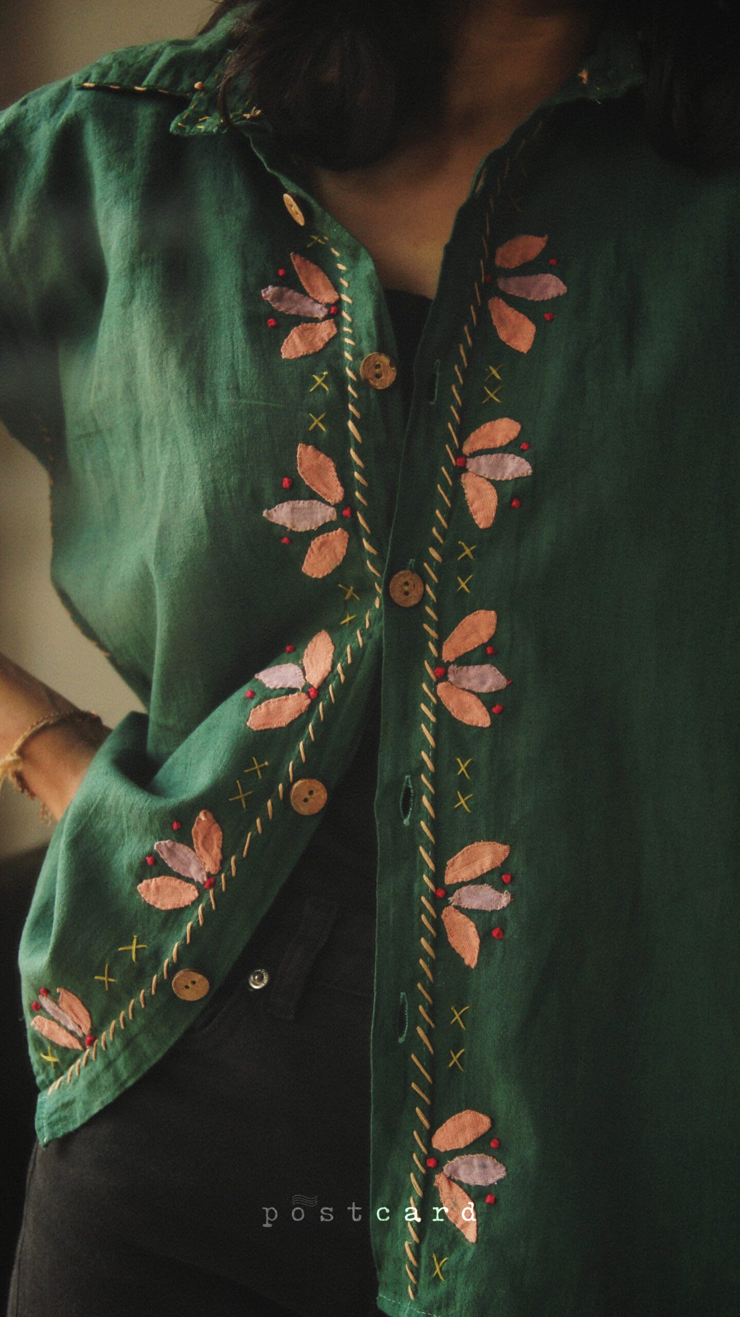 Green linen cotton applique shirt