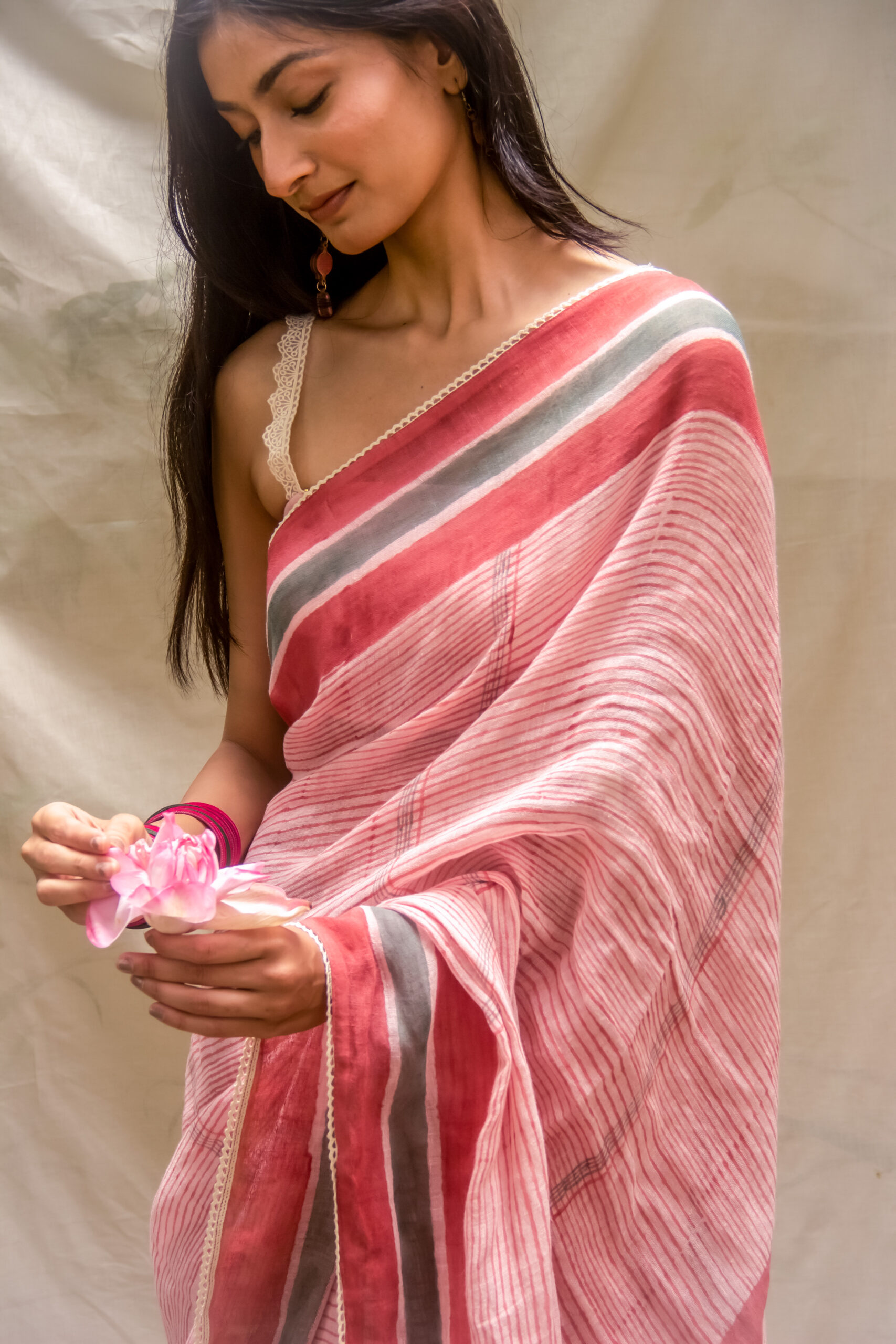 Lotus Dream Hand Block Printed Linen Saree