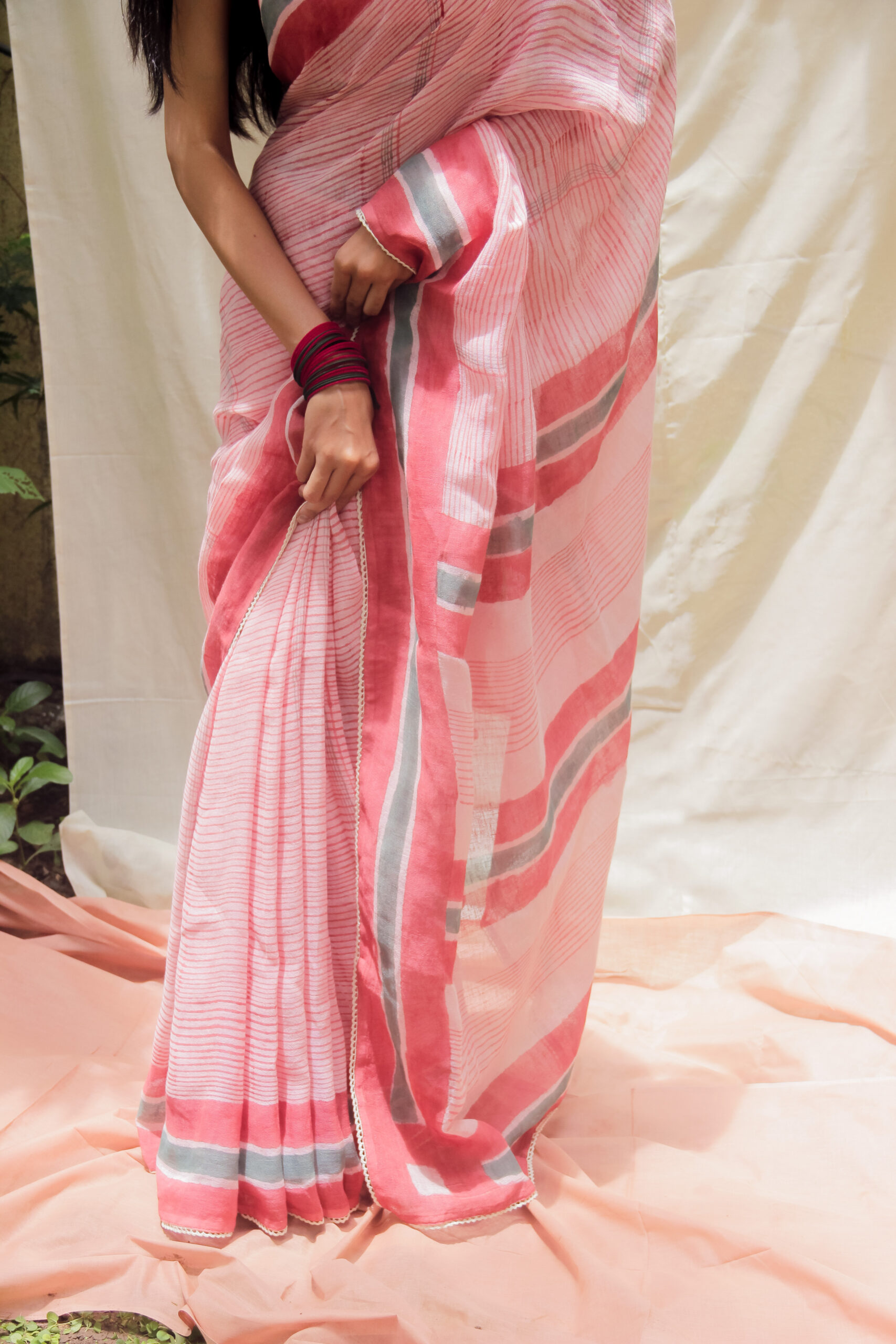 Lotus Dream Hand Block Printed Linen Saree - Image 3