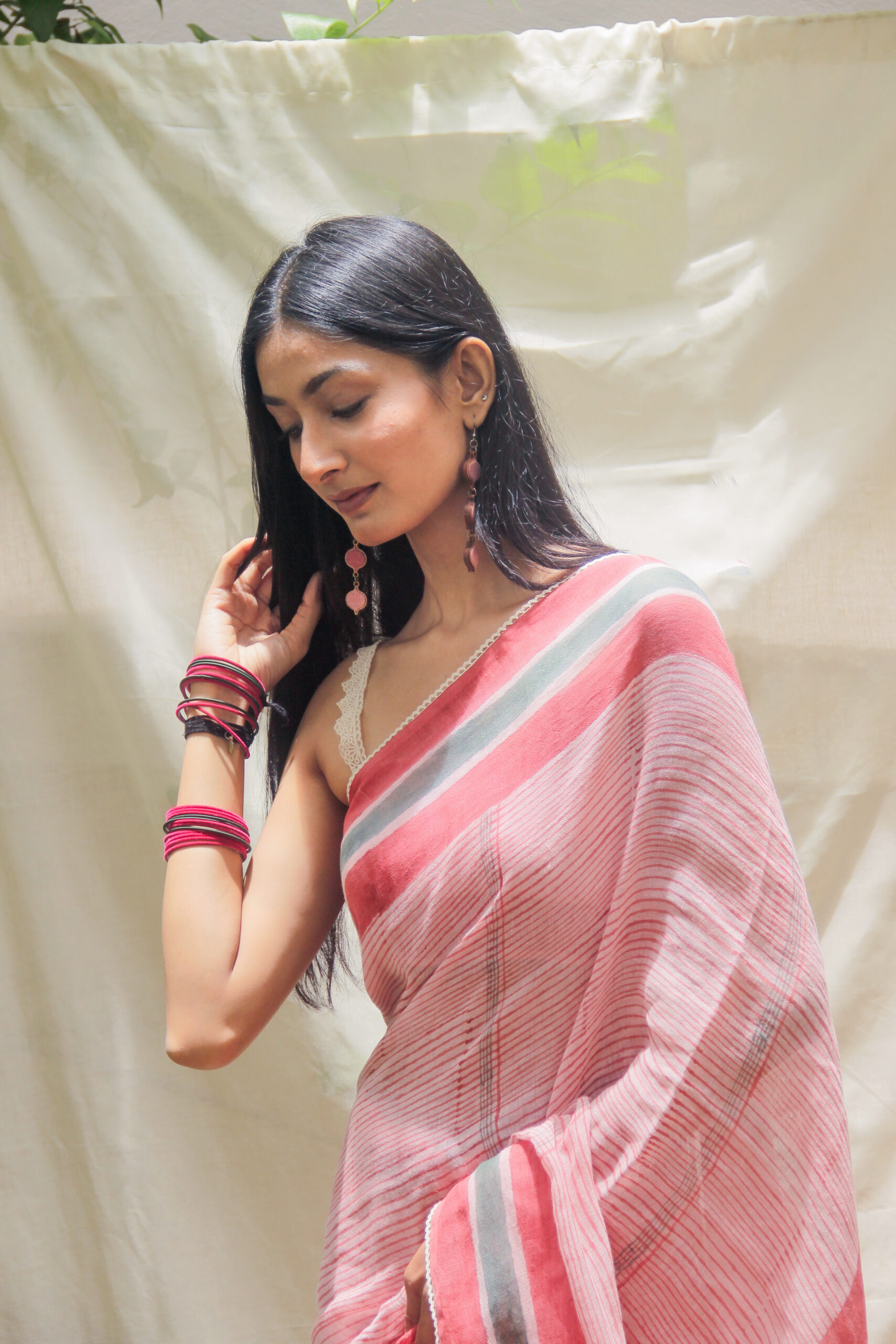pink linen saree