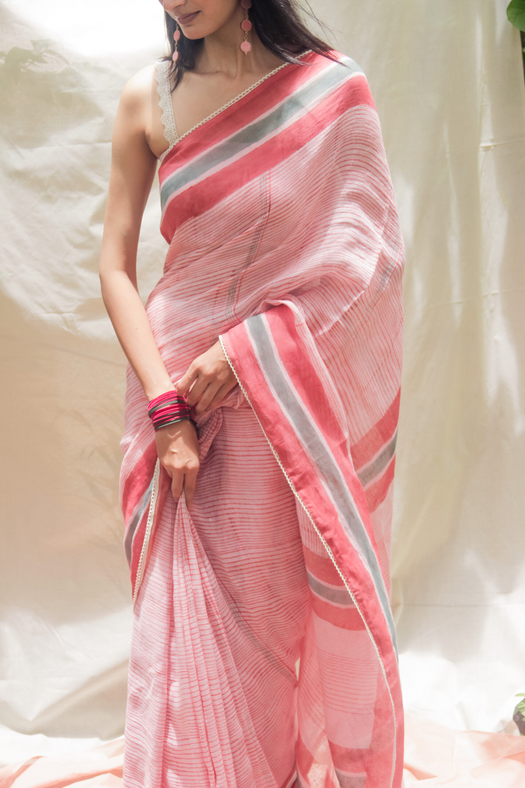 Lotus Dream Hand Block Printed Linen Saree - Image 2