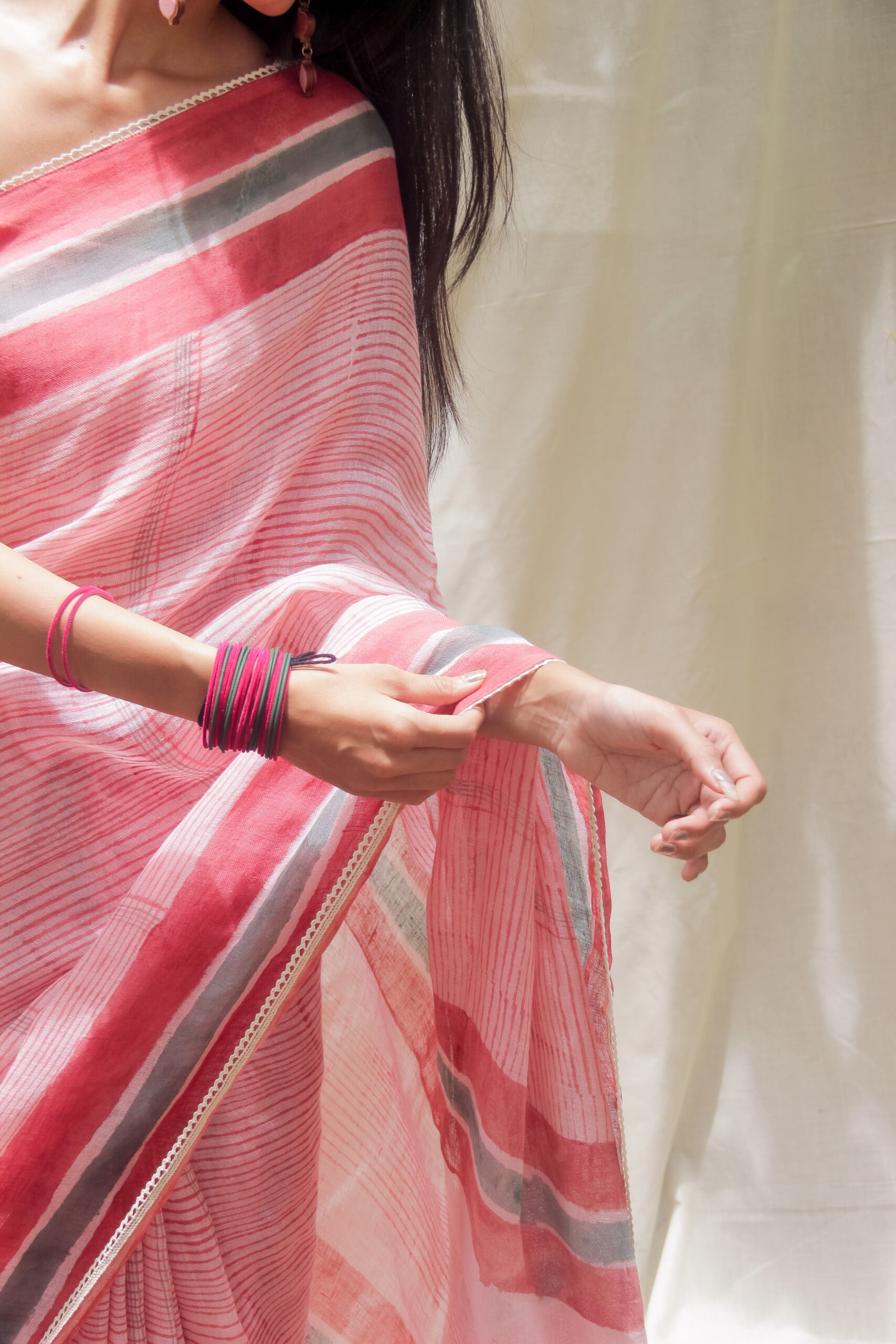 Lotus Dream Hand Block Printed Linen Saree - Image 4